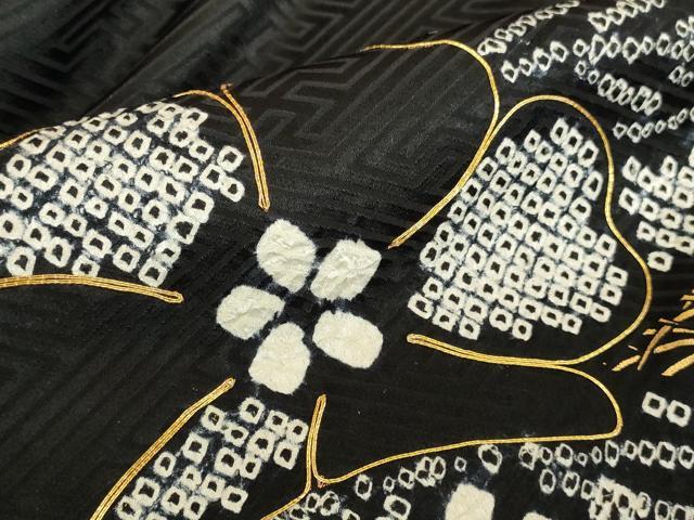 平和屋着物●豪華振袖　駒刺繍　絞り　吉祥舞花文　黒地　金彩　正絹　逸品　DABK2127op
