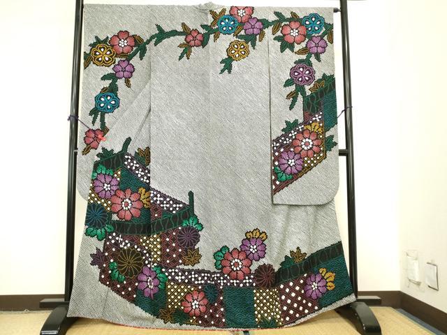 平和屋着物●豪華振袖　総絞り　吉祥舞花文　黒地　正絹　逸品　DABK2131op