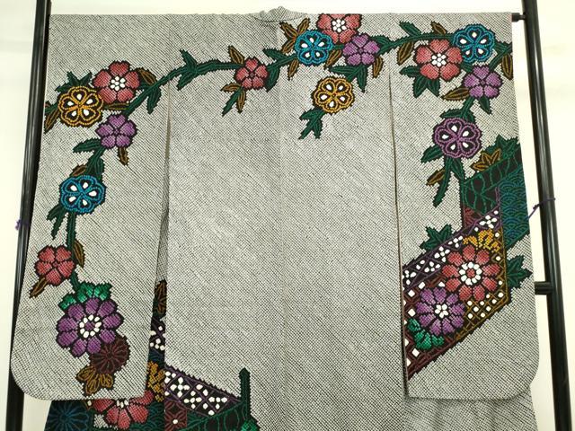 平和屋着物●豪華振袖　総絞り　吉祥舞花文　黒地　正絹　逸品　DABK2131op