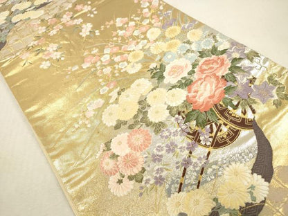 平和屋本店▼六通柄袋帯　唐織　雲取花車文　本金箔　正絹　逸品　DABK2142op