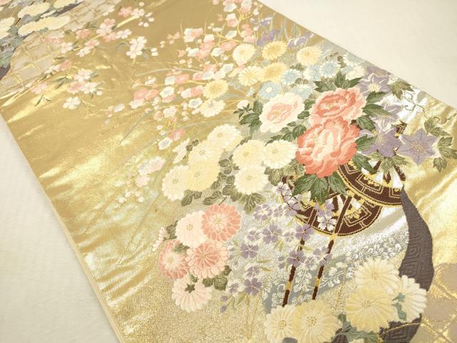 平和屋本店▼六通柄袋帯　唐織　雲取花車文　本金箔　正絹　逸品　DABK2142op