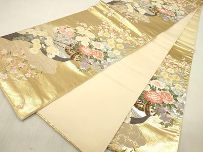 平和屋本店▼六通柄袋帯　唐織　雲取花車文　本金箔　正絹　逸品　DABK2142op