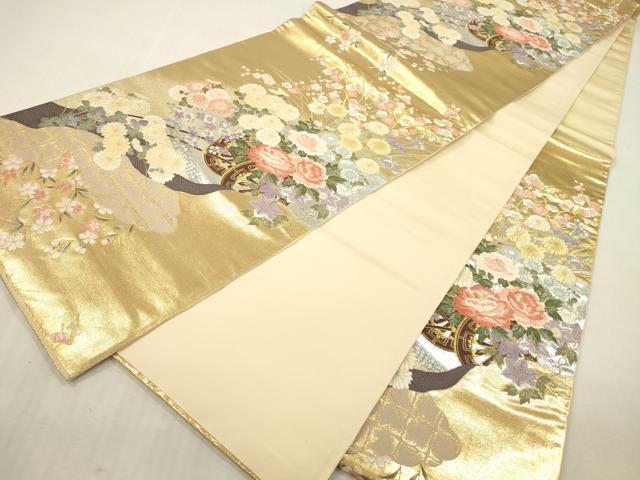 平和屋本店▼六通柄袋帯　唐織　雲取花車文　本金箔　正絹　逸品　DABK2142op