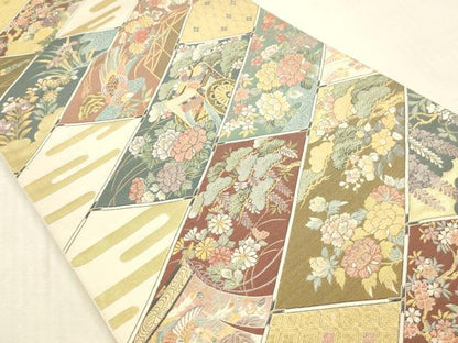 平和屋本店▼六通柄袋帯　唐織　御所車風景花文　本金箔　正絹　逸品　DABK2143op