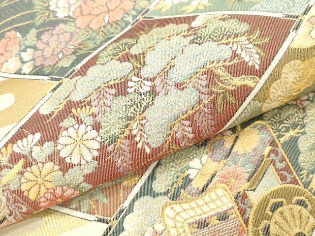 平和屋本店▼六通柄袋帯　唐織　御所車風景花文　本金箔　正絹　逸品　DABK2143op