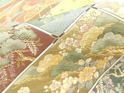 平和屋本店▼六通柄袋帯　唐織　御所車風景花文　本金箔　正絹　逸品　DABK2143op