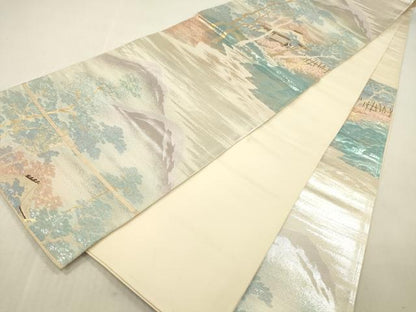 平和屋本店▼六通柄袋帯　名勝百景　嵯峨野夕峡　本金二重箔　正絹　逸品　DABK2148op