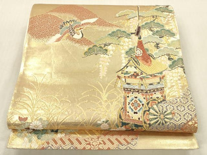 平和屋本店▼六通柄袋帯　唐織　飛鶴花松文　山車　本金箔　正絹　逸品　DABK2150op