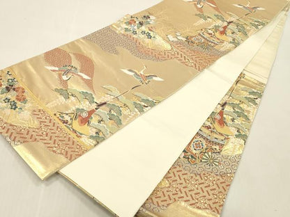 平和屋本店▼六通柄袋帯　唐織　飛鶴花松文　山車　本金箔　正絹　逸品　DABK2150op