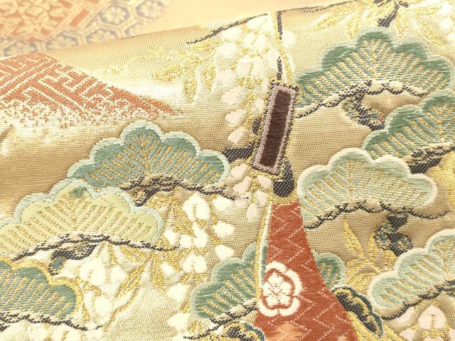 平和屋本店▼六通柄袋帯　唐織　飛鶴花松文　山車　本金箔　正絹　逸品　DABK2150op