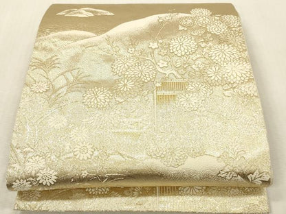 平和屋本店▼六通柄袋帯　風景花文　金箔二重織　24金　正絹　逸品　DABK2153op