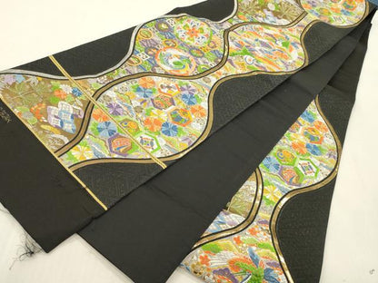 平和屋本店▼六通柄袋帯　唐織　立涌花鳥文　九百錦純金箔24K　黒地　正絹　逸品　DABK2156op