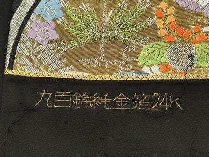 平和屋本店▼六通柄袋帯　唐織　立涌花鳥文　九百錦純金箔24K　黒地　正絹　逸品　DABK2156op