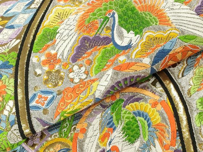 平和屋本店▼六通柄袋帯　唐織　立涌花鳥文　九百錦純金箔24K　黒地　正絹　逸品　DABK2156op