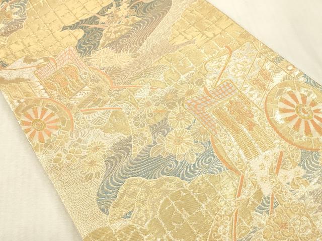 平和屋本店▼六通柄袋帯　御所車　純金箔二重織　正絹　逸品　DABK2162op