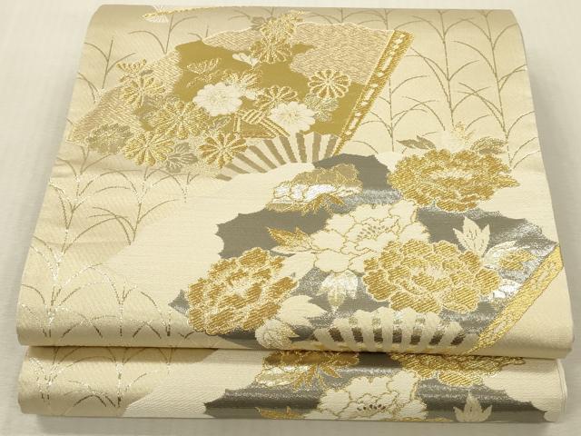 平和屋本店▼六通柄袋帯　松寿錦　扇面花文　プラチナ24K織　正絹　逸品　未使用　DABK2163op