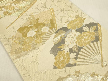 平和屋本店▼六通柄袋帯　松寿錦　扇面花文　プラチナ24K織　正絹　逸品　未使用　DABK2163op