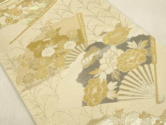 平和屋本店▼六通柄袋帯　松寿錦　扇面花文　プラチナ24K織　正絹　逸品　未使用　DABK2163op