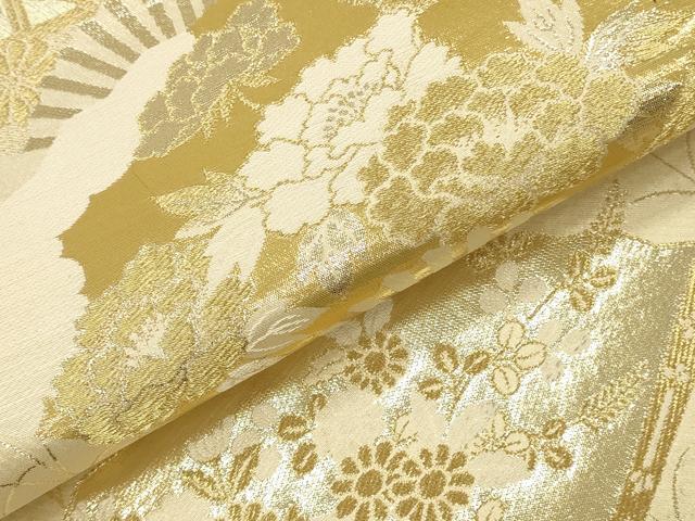 平和屋本店▼六通柄袋帯　松寿錦　扇面花文　プラチナ24K織　正絹　逸品　未使用　DABK2163op