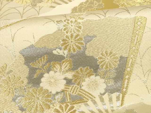平和屋本店▼六通柄袋帯　松寿錦　扇面花文　プラチナ24K織　正絹　逸品　未使用　DABK2163op