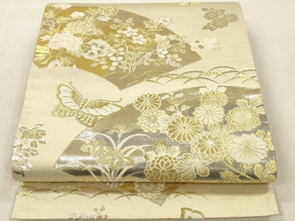 平和屋本店▼六通柄袋帯　舞蝶地紙花文　プラチナ24K織　正絹　逸品　DABK2169op