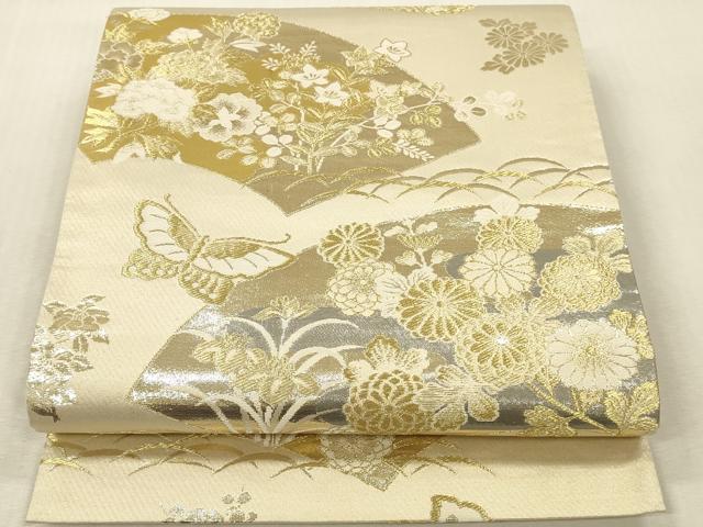 平和屋本店▼六通柄袋帯　舞蝶地紙花文　プラチナ24K織　正絹　逸品　DABK2169op