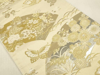 平和屋本店▼六通柄袋帯　舞蝶地紙花文　プラチナ24K織　正絹　逸品　DABK2169op