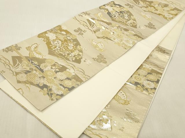 平和屋本店▼六通柄袋帯　舞蝶地紙花文　プラチナ24K織　正絹　逸品　DABK2169op