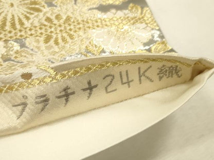 平和屋本店▼六通柄袋帯　舞蝶地紙花文　プラチナ24K織　正絹　逸品　DABK2169op