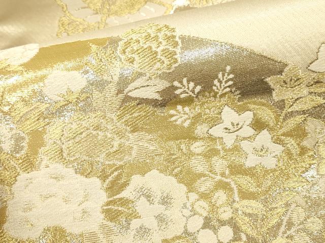 平和屋本店▼六通柄袋帯　舞蝶地紙花文　プラチナ24K織　正絹　逸品　DABK2169op