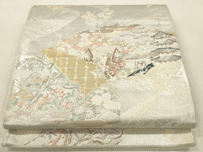 平和屋本店▼六通柄袋帯　唐織　地紙風景花文　九百錦　純金箔　正絹　逸品　DABK2171op