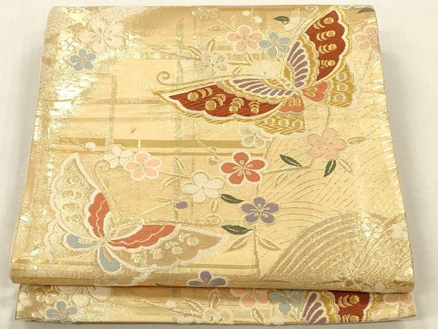 平和屋本店▼六通柄袋帯　唐織　舞蝶花文　純金箔二重織　正絹　逸品　DABK2174op