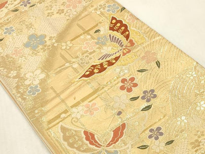 平和屋本店▼六通柄袋帯　唐織　舞蝶花文　純金箔二重織　正絹　逸品　DABK2174op