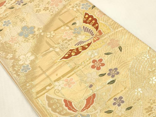 平和屋本店▼六通柄袋帯　唐織　舞蝶花文　純金箔二重織　正絹　逸品　DABK2174op