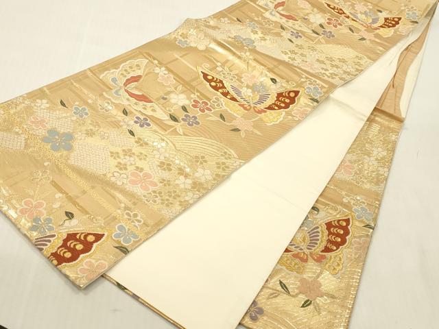 平和屋本店▼六通柄袋帯　唐織　舞蝶花文　純金箔二重織　正絹　逸品　DABK2174op