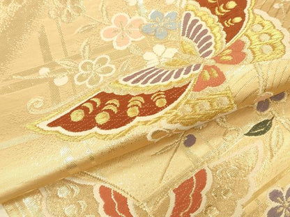 平和屋本店▼六通柄袋帯　唐織　舞蝶花文　純金箔二重織　正絹　逸品　DABK2174op