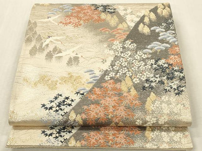 平和屋本店▼六通柄袋帯　唐織　飛鶴風景花文　純銀純金箔　正絹　逸品　DABK2179op