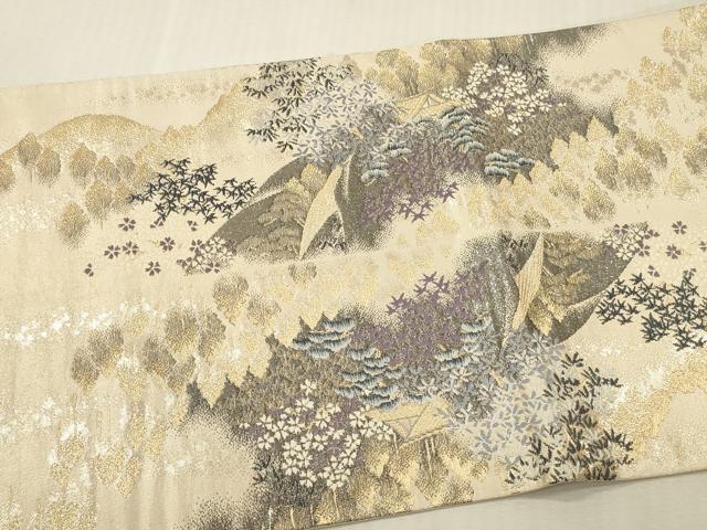 平和屋本店▼六通柄袋帯　唐織　飛鶴風景花文　純銀純金箔　正絹　逸品　DABK2179op