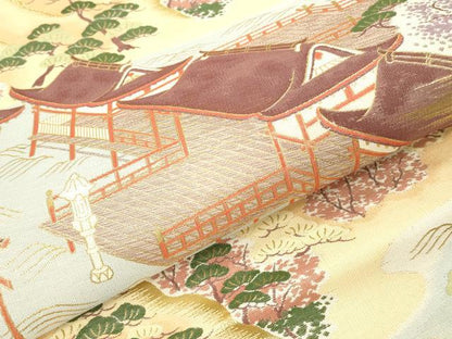 平和屋本店▼六通柄袋帯　安芸　風景文　九百本金箔　正絹　逸品　DABK2180op