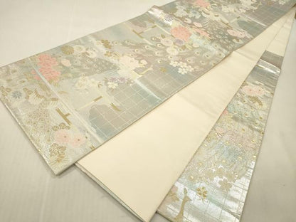 平和屋本店▼六通柄袋帯　孔雀花文　純金二重箔　正絹　逸品　DABK2181op