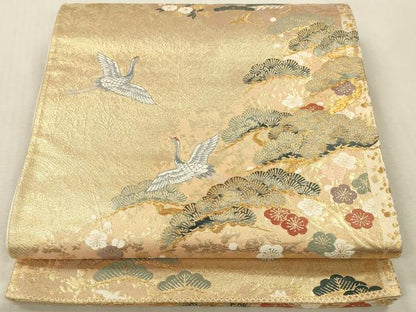 平和屋本店▼六通柄袋帯　唐織　飛鶴花松文　本金箔　正絹　逸品　DABK2184op