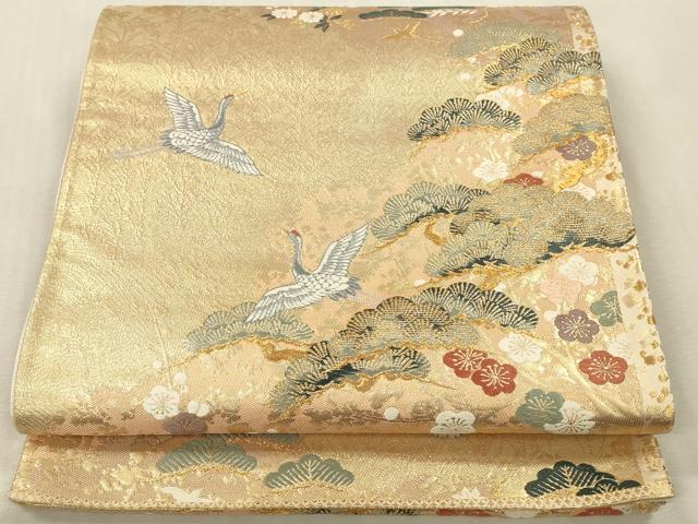 平和屋本店▼六通柄袋帯　唐織　飛鶴花松文　本金箔　正絹　逸品　DABK2184op