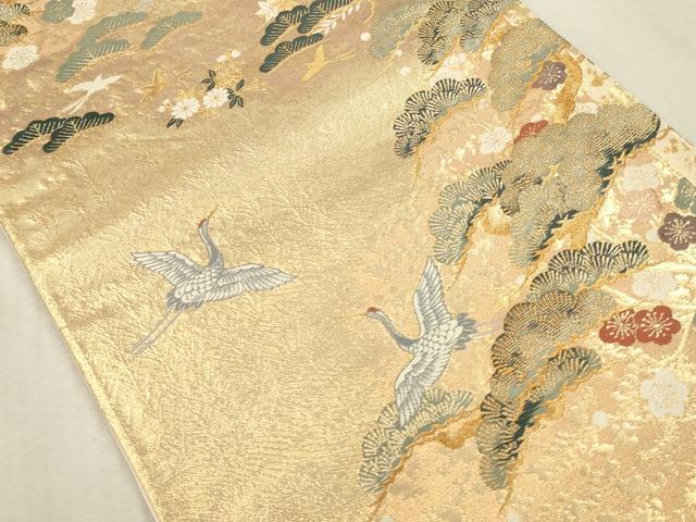 平和屋本店▼六通柄袋帯　唐織　飛鶴花松文　本金箔　正絹　逸品　DABK2184op