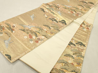 平和屋本店▼六通柄袋帯　唐織　飛鶴花松文　本金箔　正絹　逸品　DABK2184op