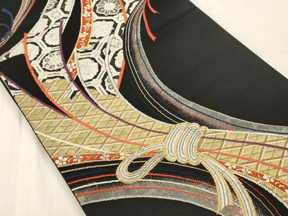 平和屋本店▼六通柄袋帯　唐織　熨取宝小紋　黒地　本金箔　正絹　逸品　DABK2186op
