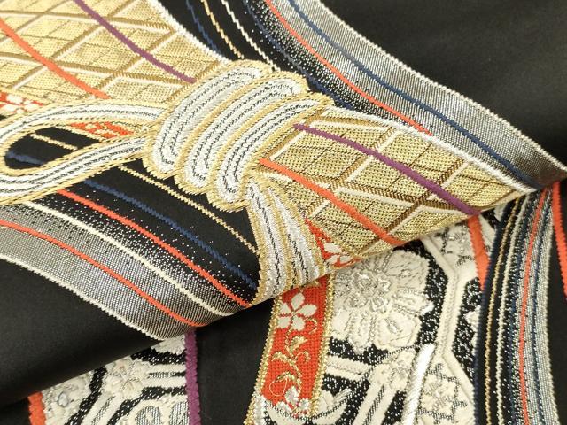 平和屋本店▼六通柄袋帯　唐織　熨取宝小紋　黒地　本金箔　正絹　逸品　DABK2186op