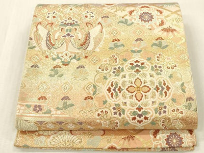 平和屋本店▼六通柄袋帯　唐織　向かい鳥正倉院花文　本金箔　正絹　逸品　DABK2187op