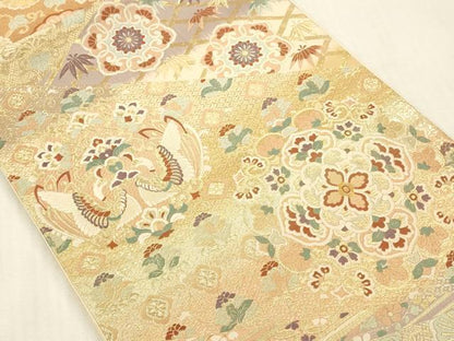 平和屋本店▼六通柄袋帯　唐織　向かい鳥正倉院花文　本金箔　正絹　逸品　DABK2187op
