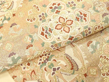平和屋本店▼六通柄袋帯　唐織　向かい鳥正倉院花文　本金箔　正絹　逸品　DABK2187op