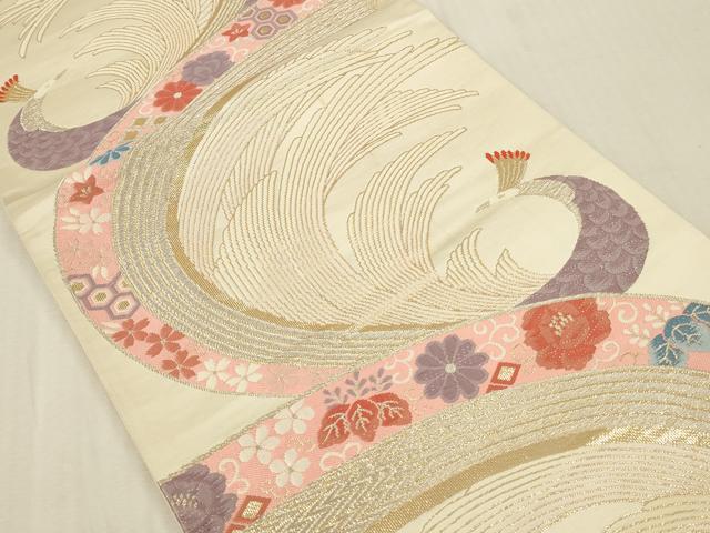 平和屋本店▼六通柄袋帯　唐織　孔雀の舞文　純金箔24K　正絹　逸品　DABK2189op